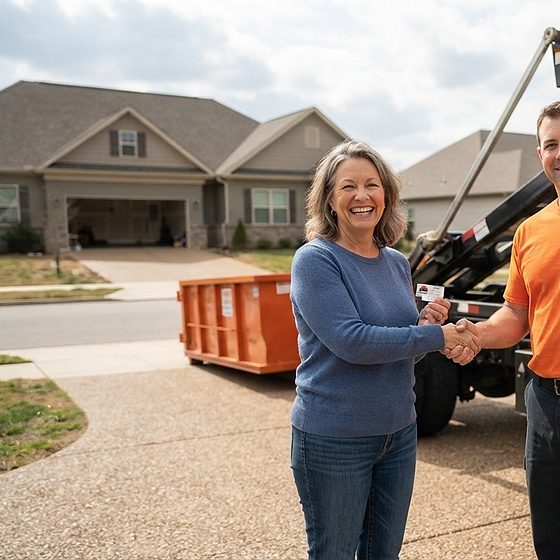 Buffalo Dumpster Co. driver handing a homeowner the paperwork beside a roll-off dumpster on a driveway