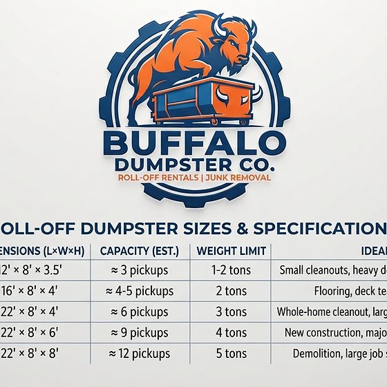 Buffalo Dumpster Co. roll-off dumpster size and specification chart