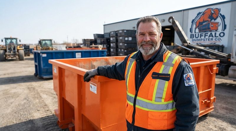 Brett, yard supervisor, beside a 20-yard roll-off container