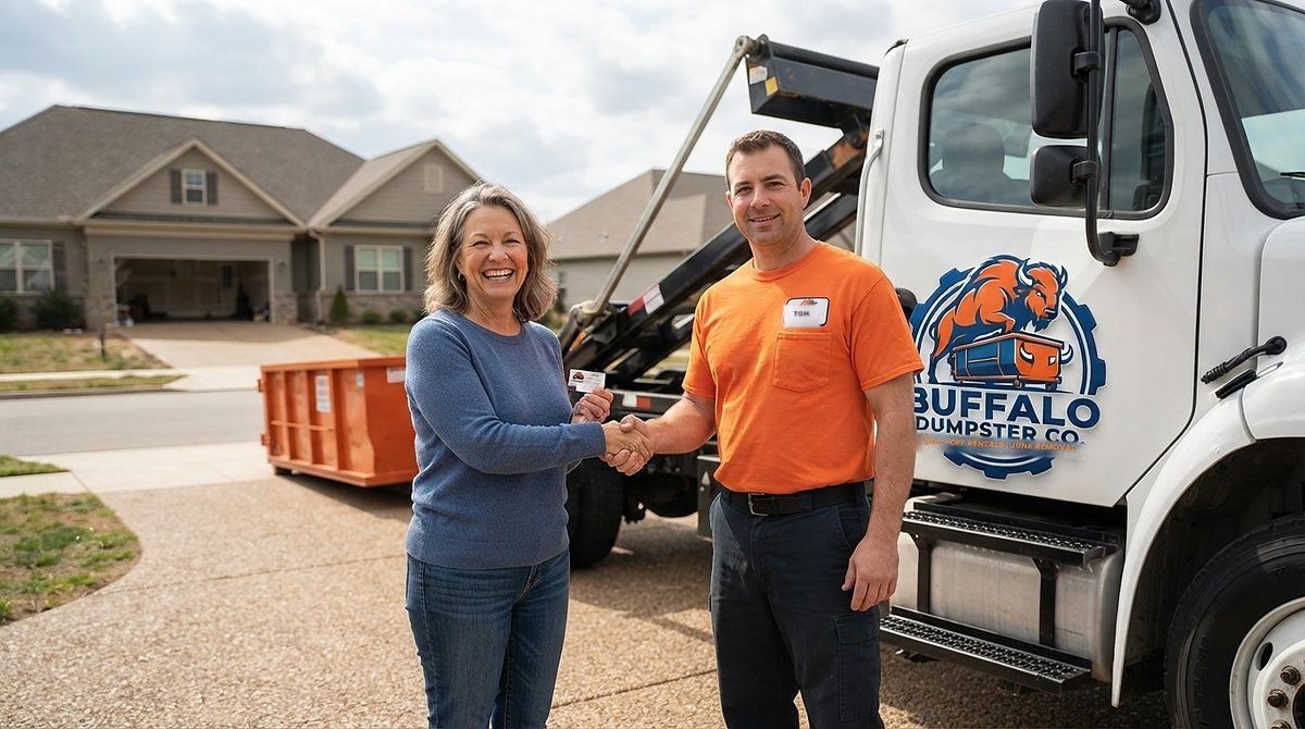 Buffalo Dumpster Co. roll-off container delivered to a driveway in the Niagara Falls area