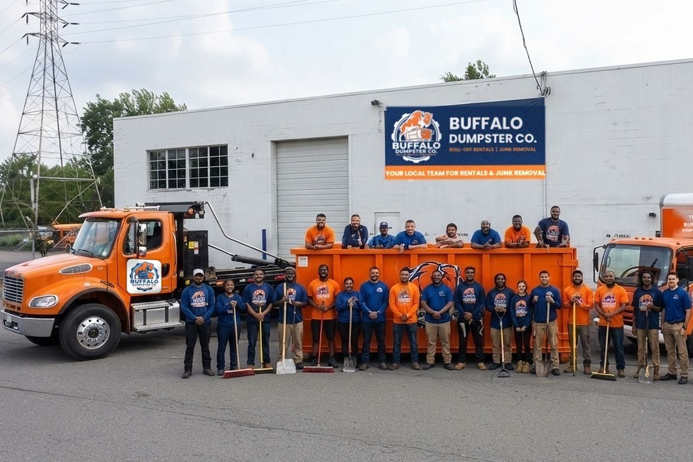 Buffalo Dumpster Co. roll-off truck and crew with a 30-yard container outside the Walden Avenue shop