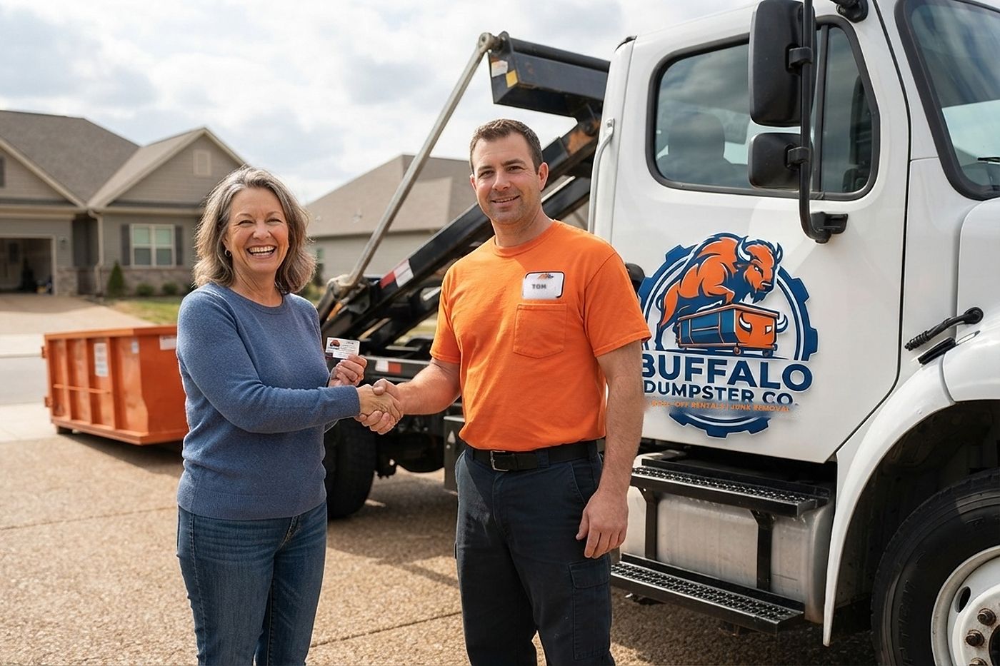 Buffalo Dumpster Co. roll-off truck delivering a container to a home driveway